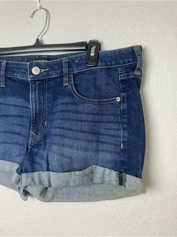 Express Dark Blue Denim Cuffed Shorts - Relaxed Low Rise Size 12 - Image 2