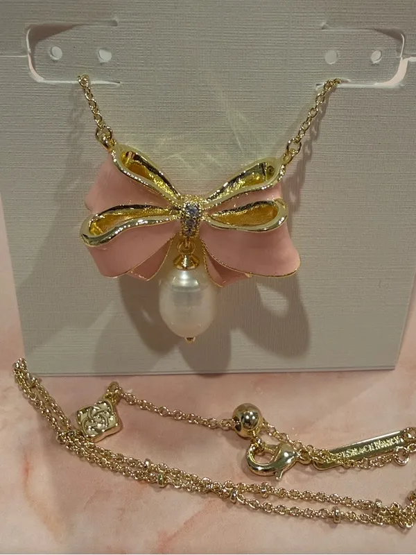 Kendra Scott | Gold Plated & Pink Enamel Bow Necklace with Pearl Drop - Image 2