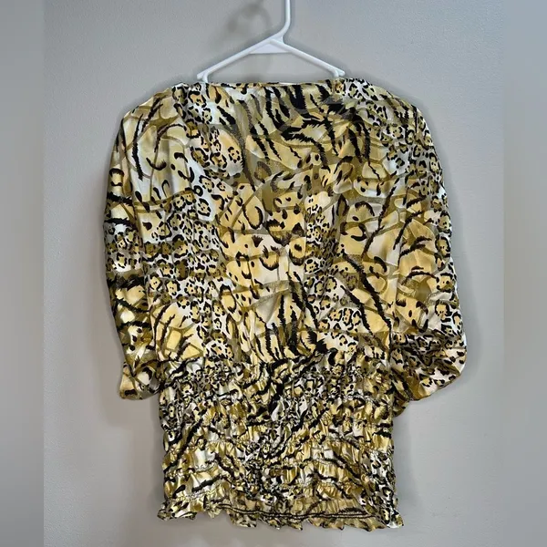 Cache Vintage 1980s Gold Cheetah Print Silk Dolman‎ Blouse Cinched Waist Women S - Image 8