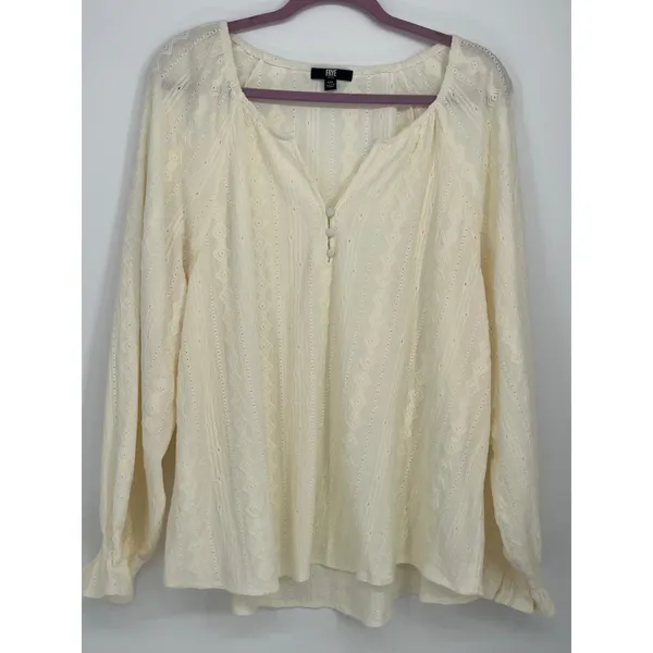 VTG Frye Pointelle Knit Blouse Women XXL Ivory Peasant Ruffle Cuff Split Neck - Image 2