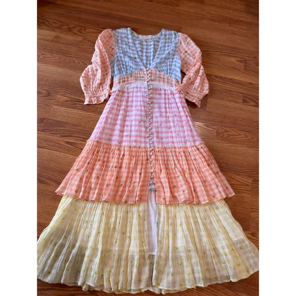 LoveShackFancy Ollie Floral Tiered Cotton Midi Dress Boho Check Size 2 - Image 9