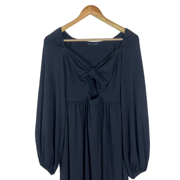 Venus Tie Front Keyhole Solid Maxi Dress Black Romantic Balloon Sleeve Size L - Image 2