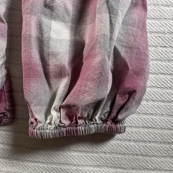 LOFT Women’s Medium Plaid Smocked Peasant Blouse Pink Gray Button Front - Image 7