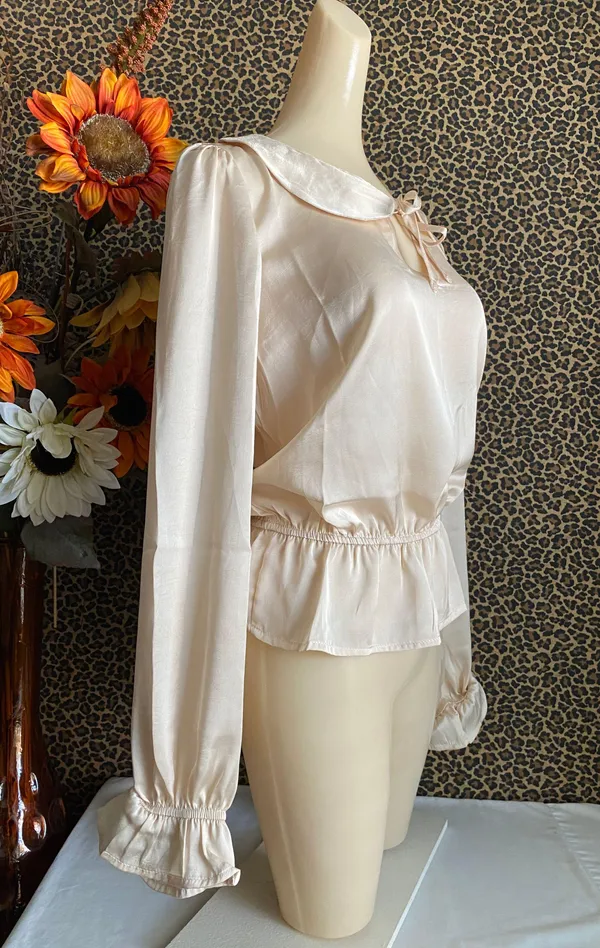 Unique Vintage NWT Champagne Satin Peplum Blouse X-LARGE - Image 7