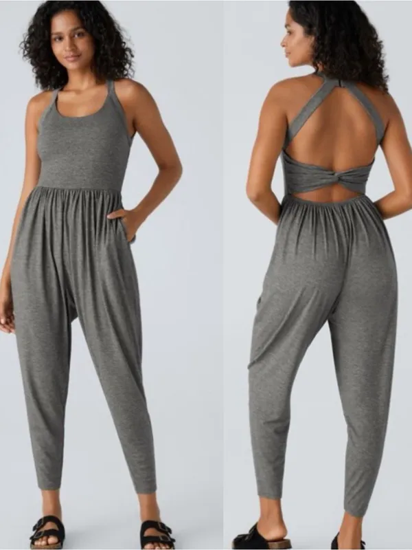 Halara Backless U Neck Twisted Harem Gray Jumpsuit w Pockets Sz M 💚🎀 - Image 2
