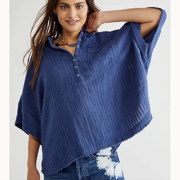 We The Free Ava Oversized Button Front Collared Short Sleeve Top Shaded Lake XS - Image 2