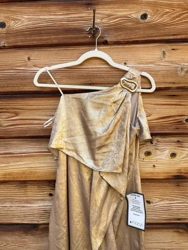 Adrianna Adrianna Papell Gold Metallic Layered One-Shoulder Gown Size 2 - Image 7