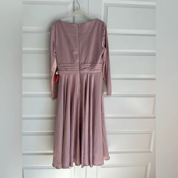 Mac Duggal Pink Satin Velvet Long Sleeve V-Neck‎ Midi Cocktail Formal Dress- NWT - Image 4