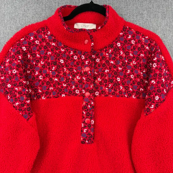 LOFT Womens XL Red Sherpa Fleece Floral Yoke Snap Neck Pullover Sweatshirt - Image 3