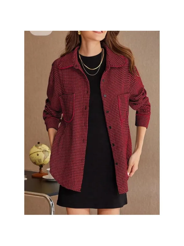 NEW Houndstooth Shacket Jacket Long Sleeve Button Down Shirt L Red Size L - Image 5