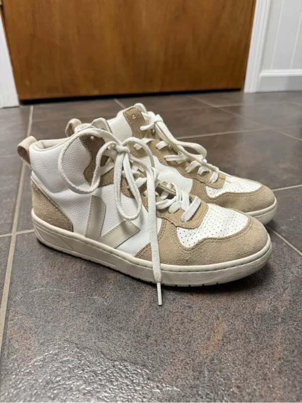 Veja V-15 High Top Lace Up Sneakers Suede Leather Beige White US 8 EU 39 - Image 13