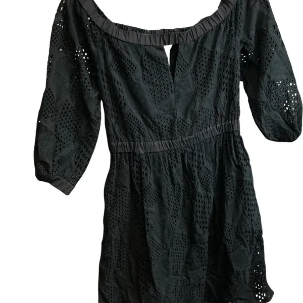 Milly Black Eyelet Cotton Mini Dress 3/4 Puff Sleeve Elastic Waist Pockets‎ P - Image 5