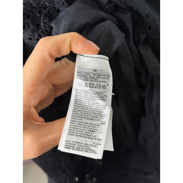 GAP x DOEN Midi Dress Black Cotton Eyelet Tiered Button Front Smocked Waist M - Image 6
