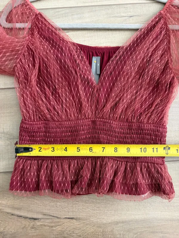Anthropologie Tulle V Neck Blouse Bordeaux Red Sheer Smocked Peplum Top XS - Image 10