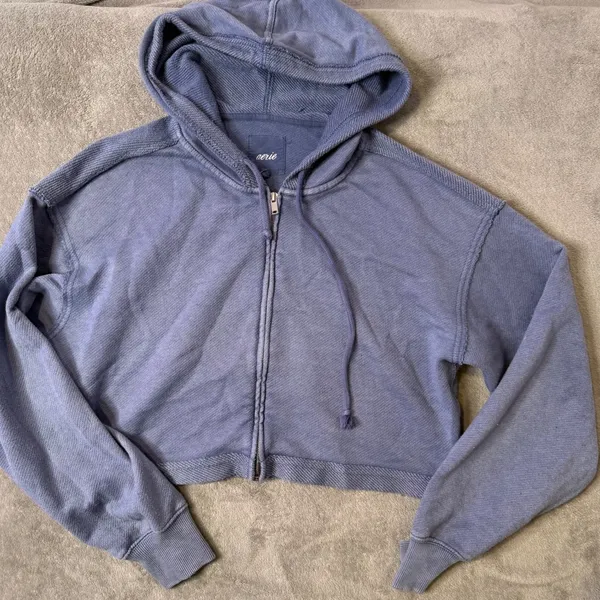 Aerie Crop Distressed Hoodie Full Zip Size S Blue Grunge Boxy Oversized - Image 2