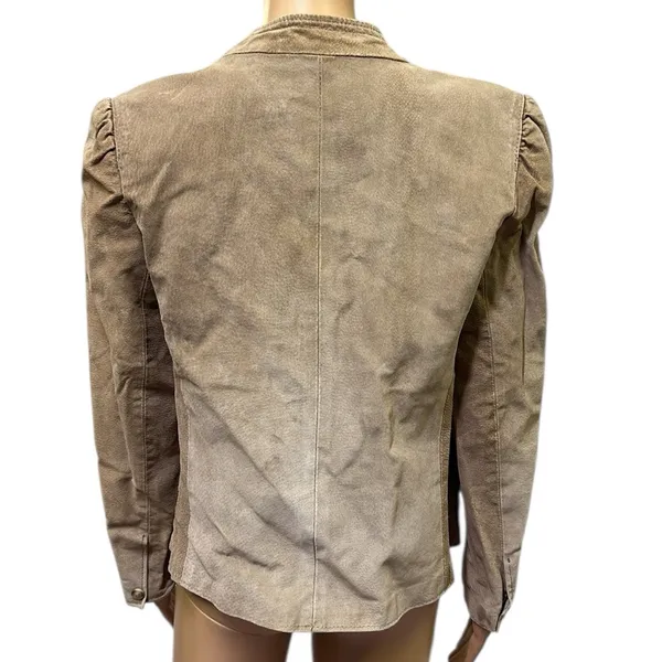 Vintage Suede Tan Open Front Pocket Jacket Puff Sleeve Womens Juniors 9 10 - Image 6