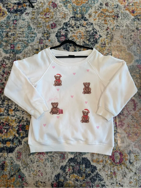 White Fox Boutique Off-Shoulder White Sweater with Teddy Bear Print - Image 3