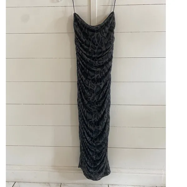 Steve Madden Mesh Tube Dress Army Green Leopard Print Ruched Midi DP28483F ‎ M - Image 9