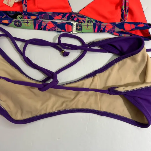 Mara Hoffman Bikini Set Purple Psychedelic Print Triangle Side Tie Medium - Image 10