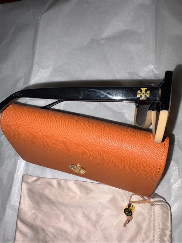 Tory Burch Black and Beige Oversized Women's Sunglasses with Orange Logo Case - Image 3