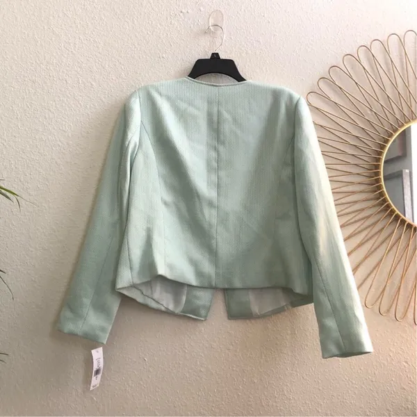 NWT JM Studio John Meyer Light Green Tweed Blazer Jacket Pearl Gold Button Women M $138 - Image 2