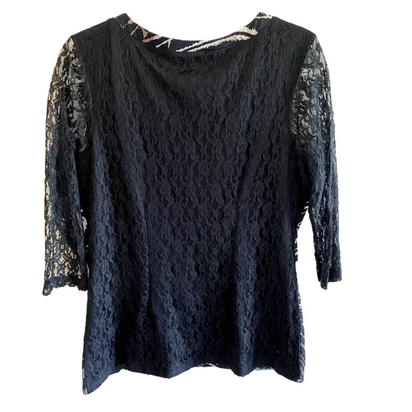 Tango Mango Black Patterned 3/4 Sleeve Lace Back Sheer Sleeves Blouse‎ Size L - Image 2