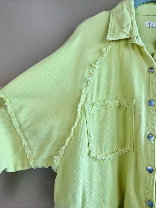 POL Chartreuse Green Raw Hem Cotton Shacket Jacket Oversized Frayed Small Casual - Image 11
