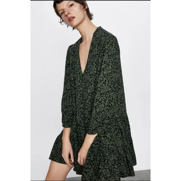 Zara Khaki Green Claris Printed‎ V-Neck Short Sleeve Dress Small - Image 6