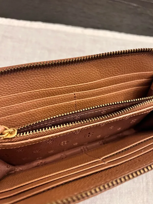 Tory Burch Britten Wallet Tan Zip Continental Pebbled Leather - Image 6