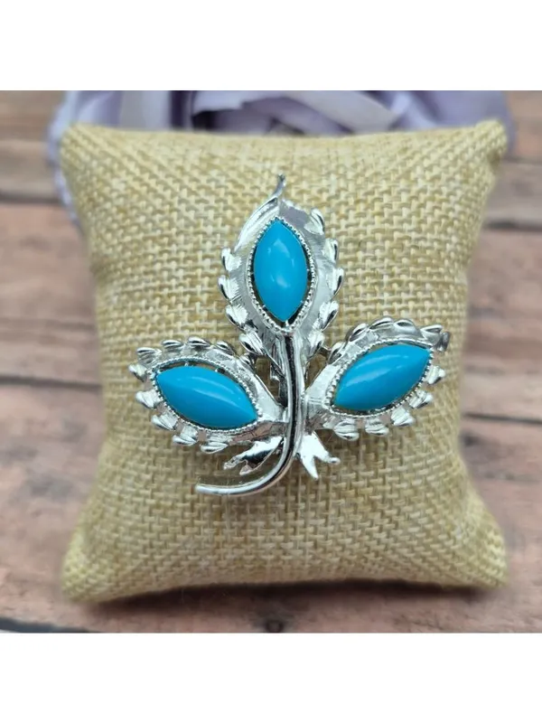 Vintage Faux Turquoise Brooch Clip On Earrings Demi Parure Silver Tone - Image 3