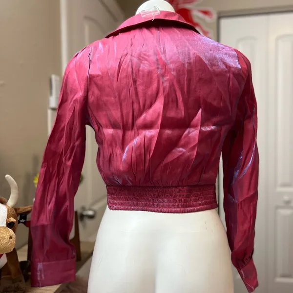 Milk & Honey Red Pink Sheer Crop Top Twist Front Long Sleeve Blouse Size Medium - Image 4