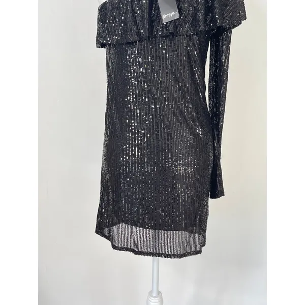Nasty Gal One Shoulder Long Sleeve Black Sequin‎ Mini Dress Size Large New - Image 6
