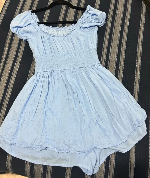 Light Blue Puff Sleeve Romper Dress - Image 2