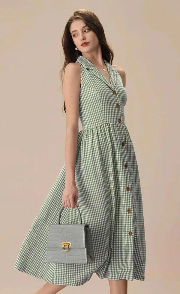 RIHOAS The Green Lapel Plaid Sleeveless Shirt Midi Dress M - Image 2