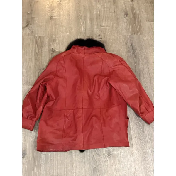 Vtg Red Leather Millyn Fur‎ Collar Coat Jacket 80's Glam Mob - Image 12