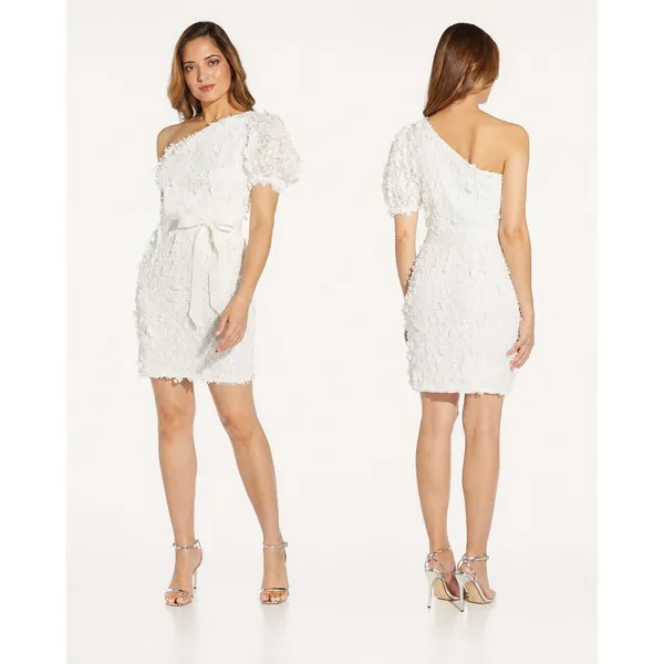 Adrianna Papell One Shoulder 3D Floral Applique Mini Dress White Bridal Wedding - Image 2