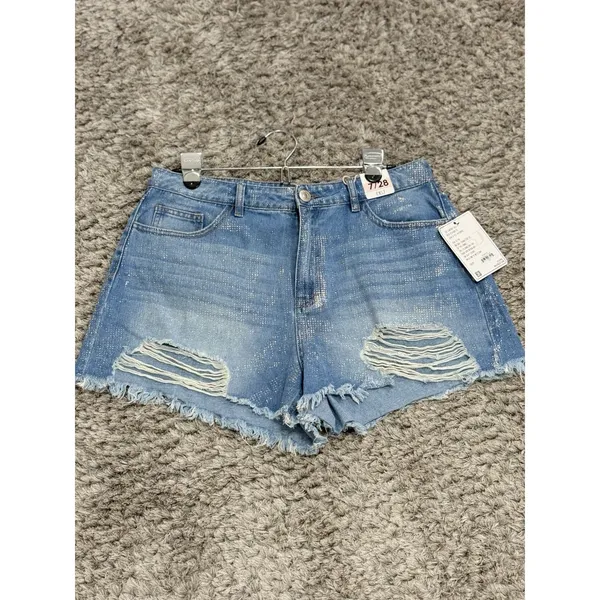 NWT BBJ Denim Shorts Womens 7/28 Glitter Distressed Ripped Cut Off High Rise - Image 2