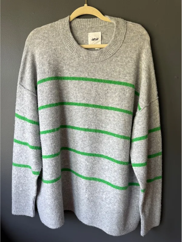 Aerie Gray Sweater with Green Stripes, Size Large - Image 2