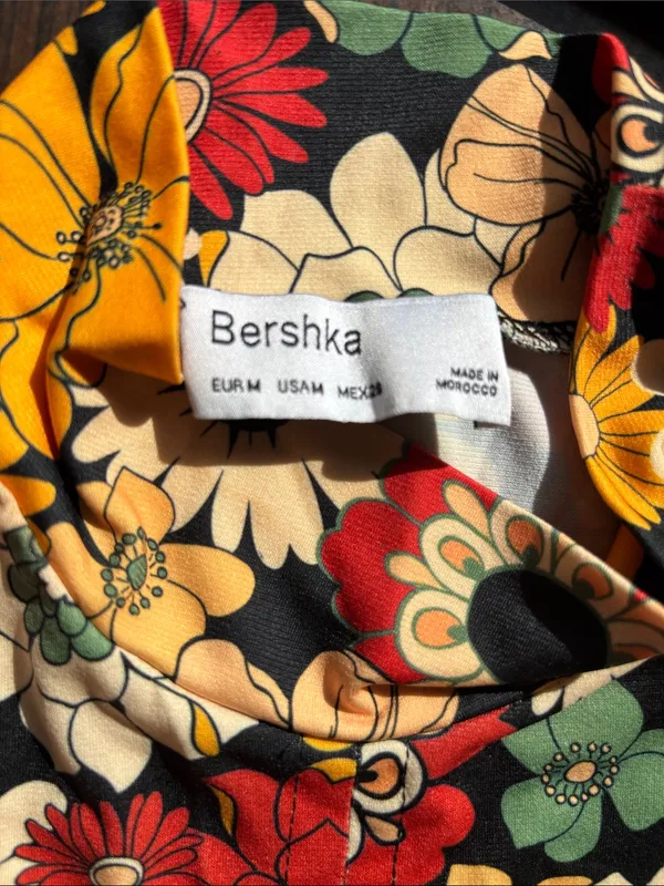 Bershka Floral Ruched Mock-Neck Long Sleeve Crop Top Tie Front Sz Med Retro - Image 8
