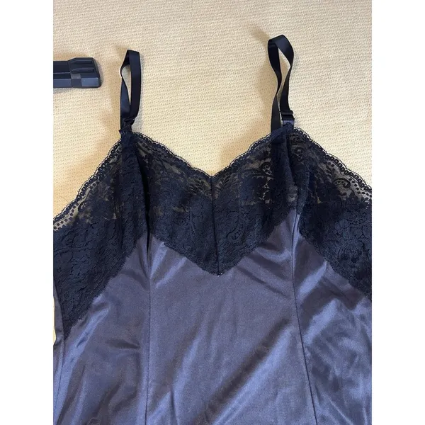 VTG Wonder Maid Nightgown SLIP Navy Black Satin Full Slip Lace SZ 38 Negligee - Image 4