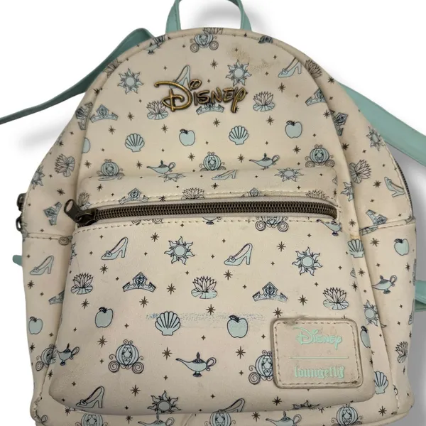 Disney Loungefly Princess Icons Mini Backpack Cream Mint Fairytale Print‎ - Image 3