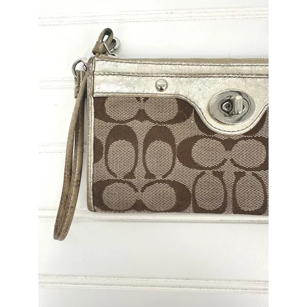 Coach Penelope Zip Wristlet Wallet Turn-Lock Gold Brown Signature Gold Liner Y2K - Image 2