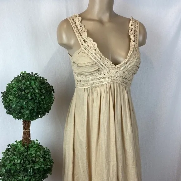Tan Cotton Crochet Lace Trim Long Sleeveless Maxi Dress M - Image 2