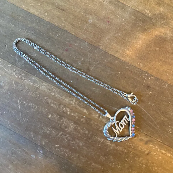 Silver tone open heart pink and blue rhinestone Mom pendant necklace - Image 3