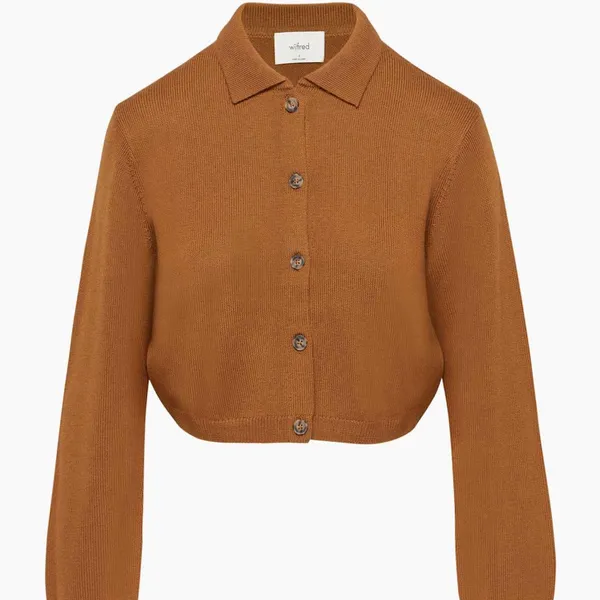 Aritzia Wilfred Nextdoor Cropped Polo Knit Cardigan Rich Chestnut New Size XS - Image 6