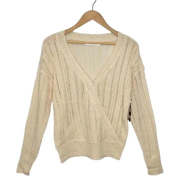 New ASTR Faux Wrap Pointelle Knit Long Sleeve Sweater Top Pullover Cream L - Image 4