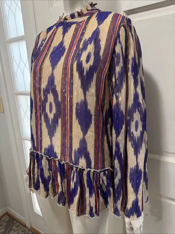 Oliphant Silk & Cotton Purple Ikat Ruffle Hem Long-Sleeve Top Size Large💜 - Image 8