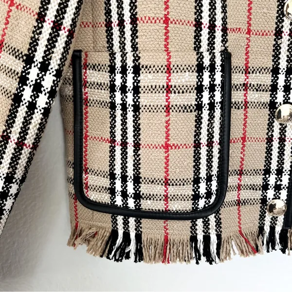 NWOT Burberry Beige Vintage Check Plaid Collarless Jacket Blazer in Tan Plaid - Image 8