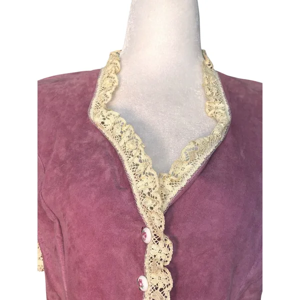 Vintage Pink Suede Lace Trim Western‎ Prairie Blouse Peplum Romantic Leather Top - Image 2