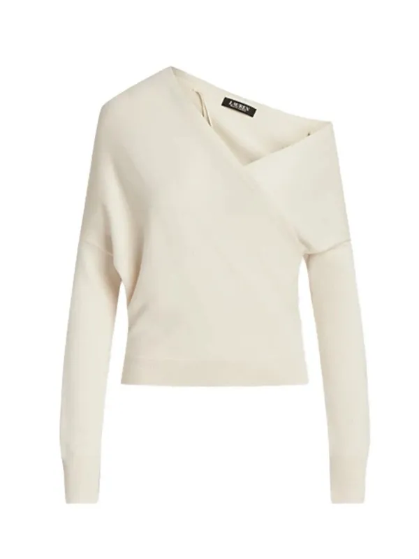 NWT Lauren Ralph Lauren Surplice Asymmetric‎ Winter Cream Cotton Sweater - Image 3